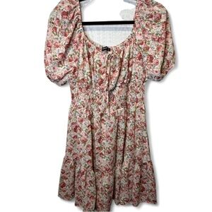 Floral Pink Green Smocked Bodice Puff Sleeve Midi Dress Shein Size 12 XL